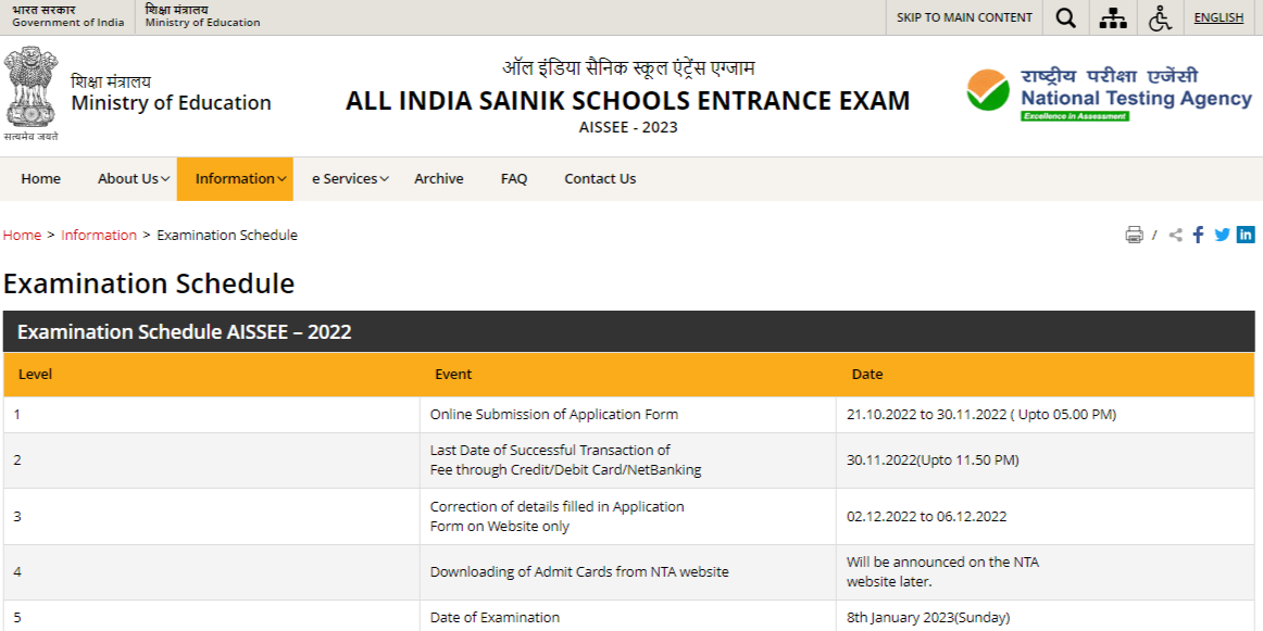 All India Sainik School Entrance Exam Schedule 2024 Class 6 9