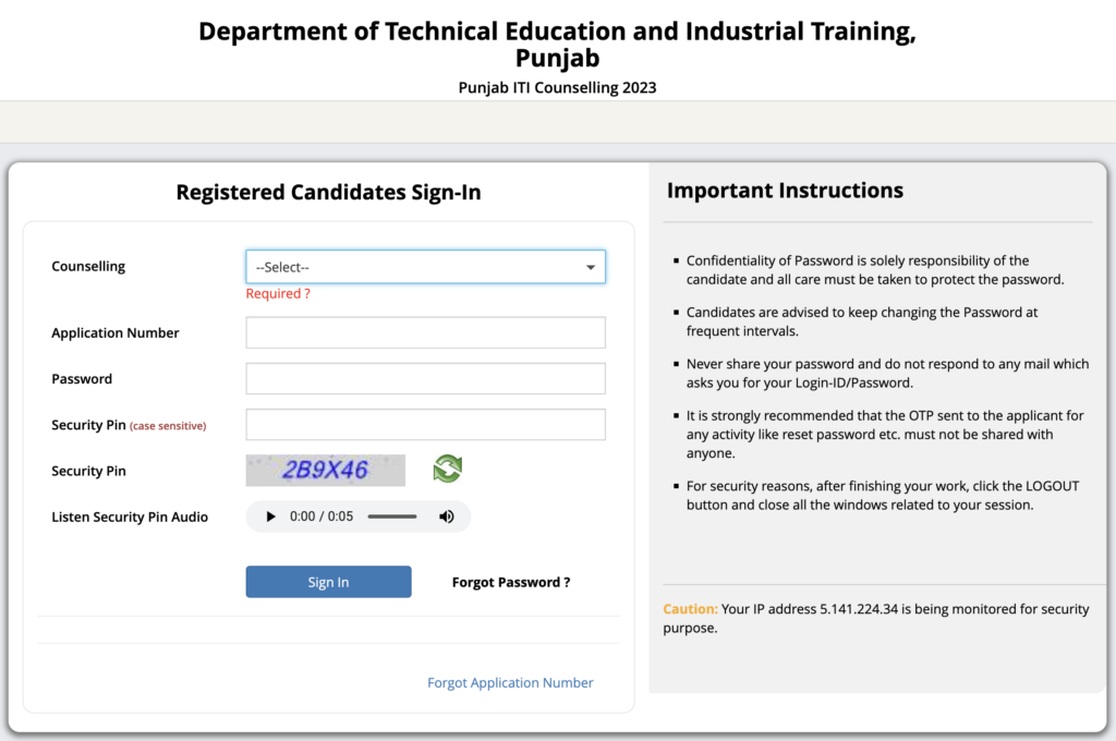 ITI Punjab Counselling 2024 - itipunjab.admissions.nic.in Login