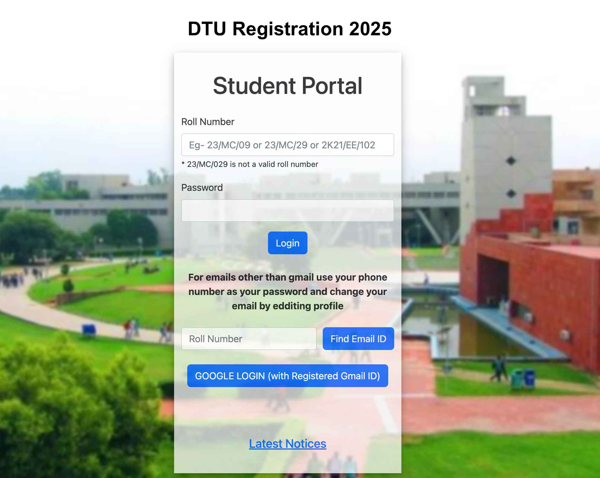 Dtu registration portal 2025 reg.exam.dtu.ac.in Student Portal